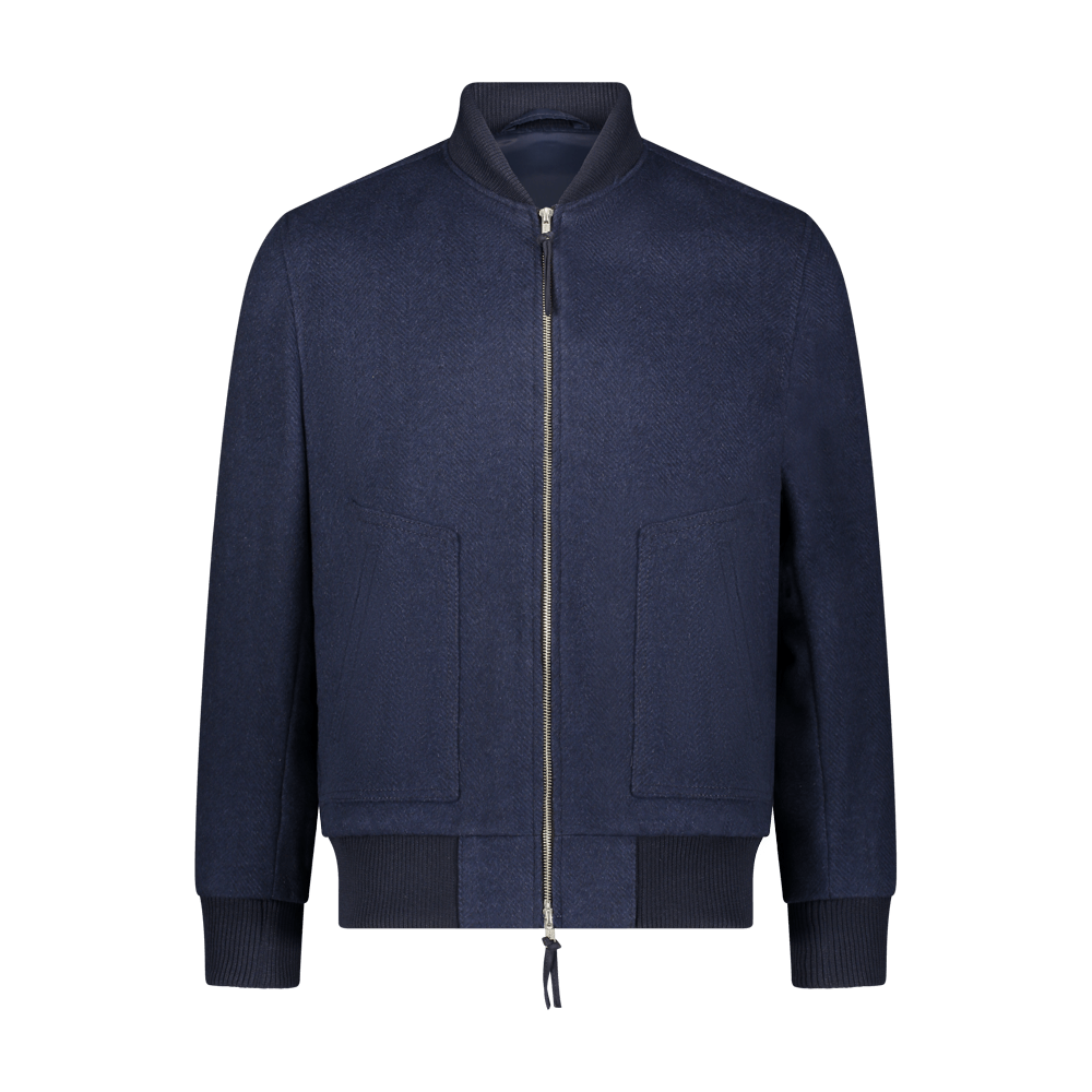 Custom Herringbone Bomber Jacket in Navy Classic Reimagined Q Clothier
